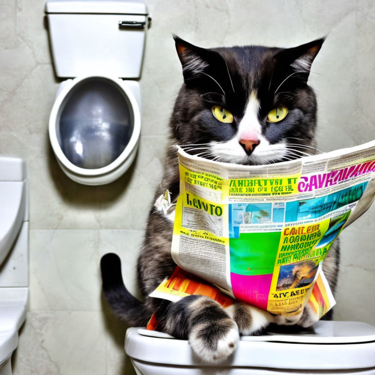 Black and White Cat Reading Colorful Newspaper on Toilet