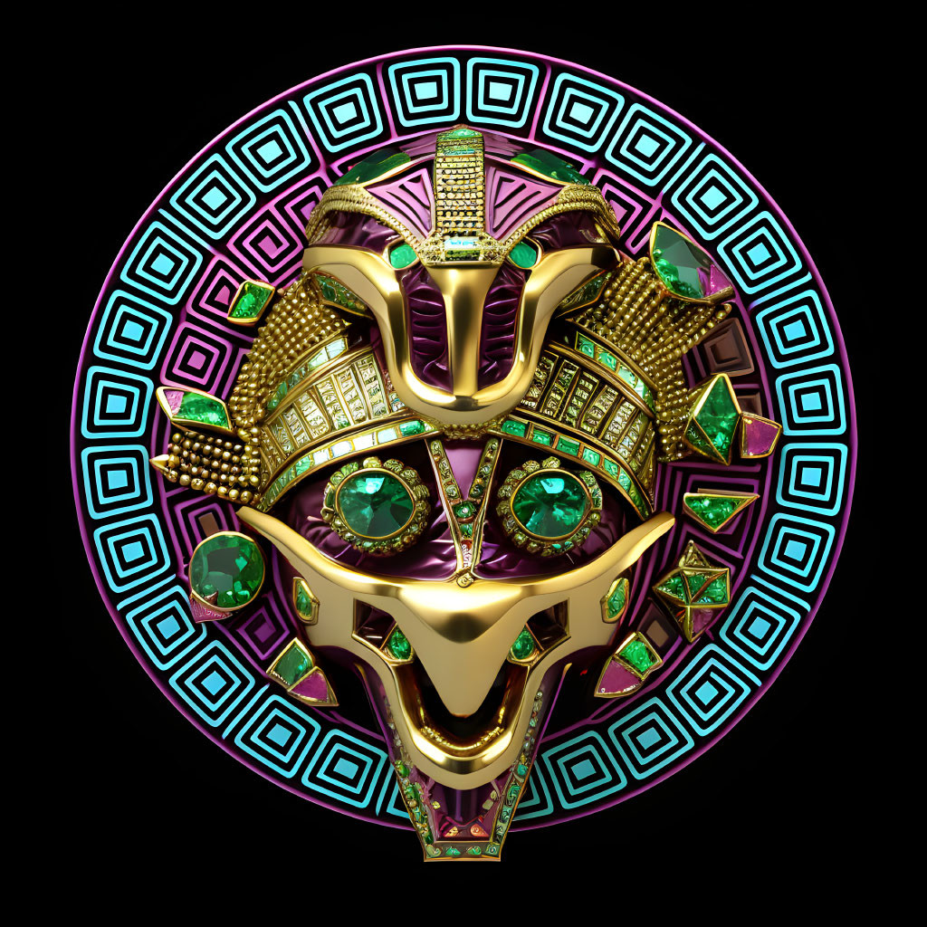 Golden Mayan-Style Mask with Emerald Jewels and Intricate Patterns