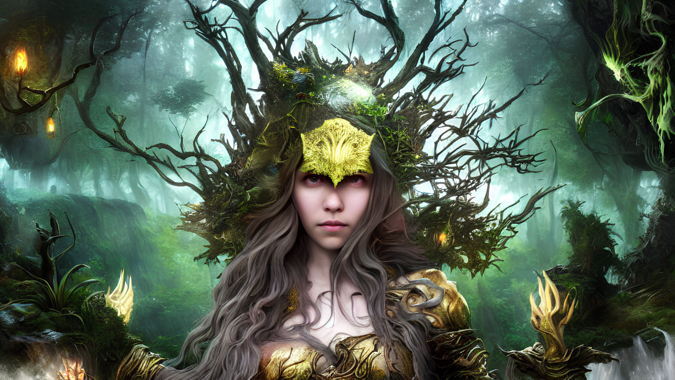 Fantastical forest scene with female figure in gold armor and tree branch antlers