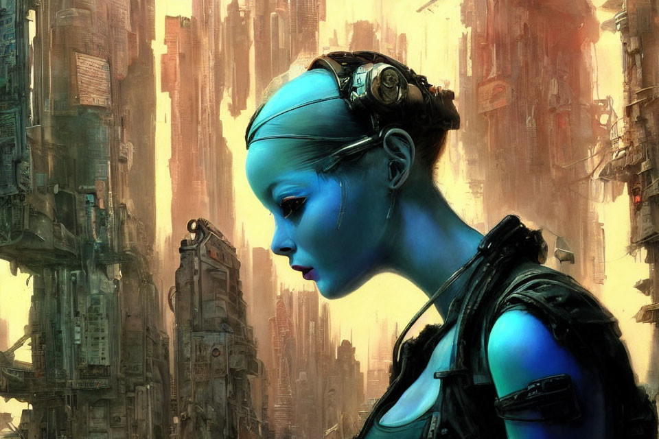 Blue-skinned cybernetic female figure in futuristic cityscape.