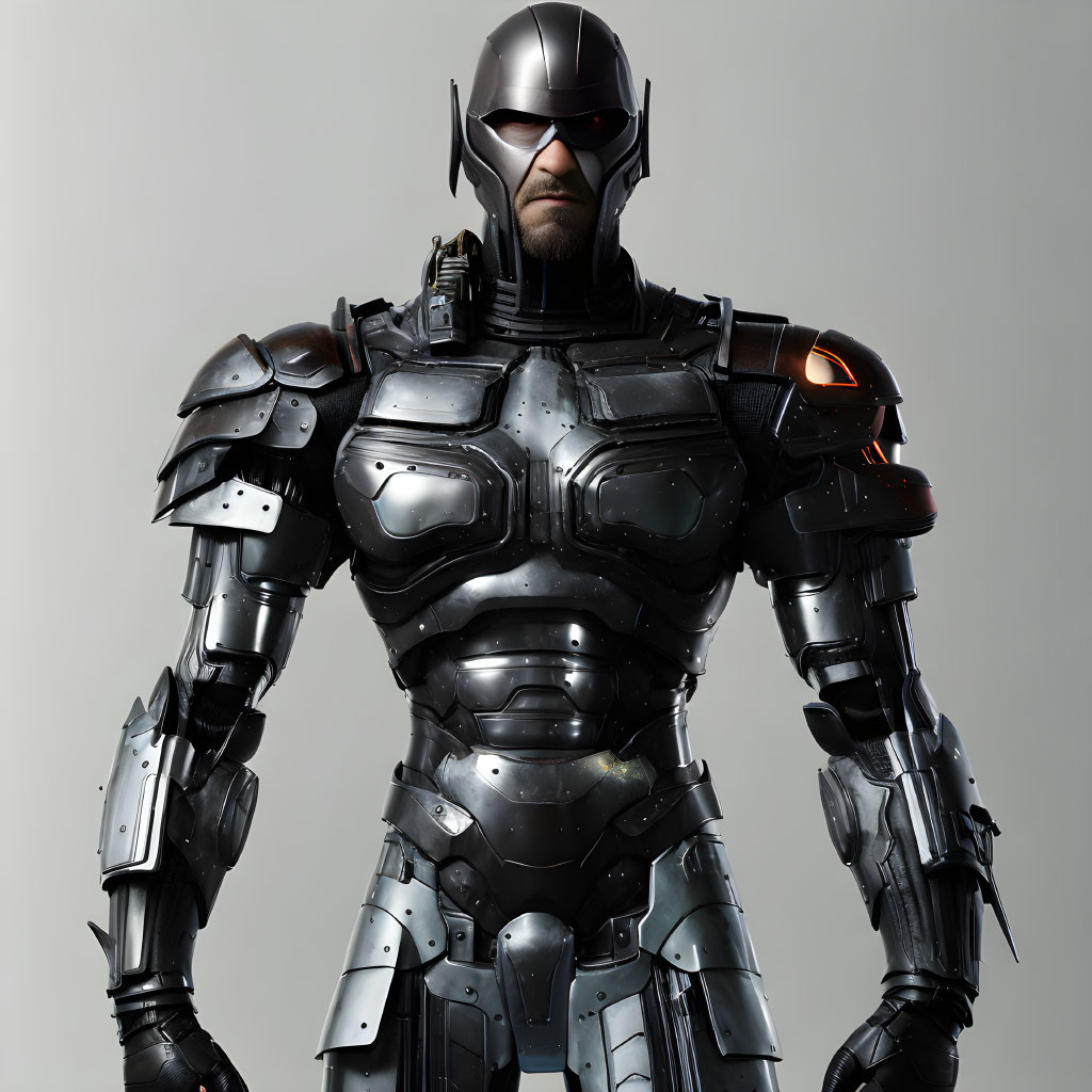 Futuristic armored suit with helmet and visor on grey background