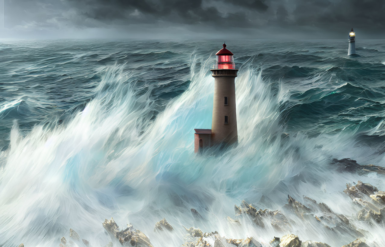 Lighthouse in Stormy Seas with Guiding Beacon