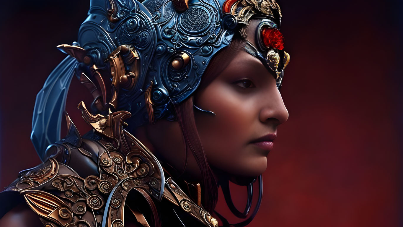 Detailed metallic headgear on person against reddish-brown backdrop