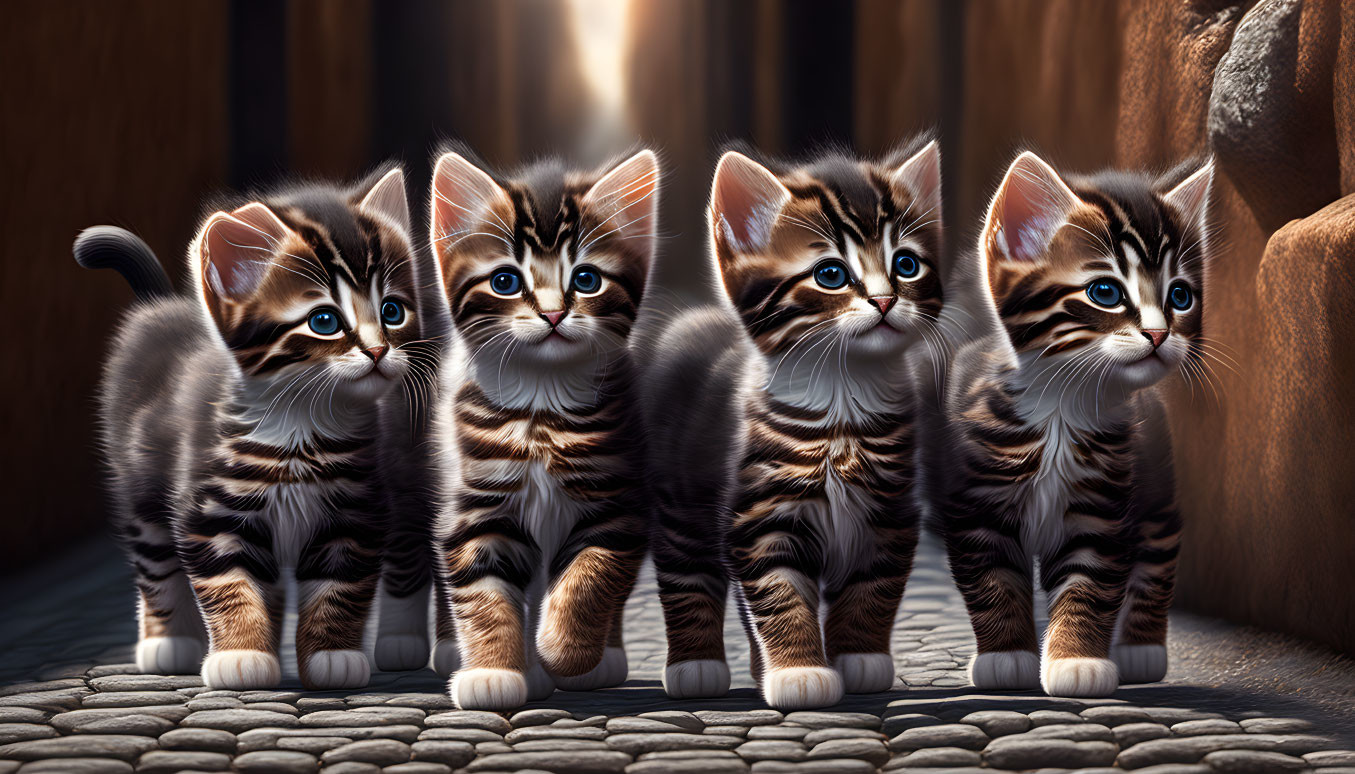 Four Striped Kittens on Cobblestone with Wooden Fence