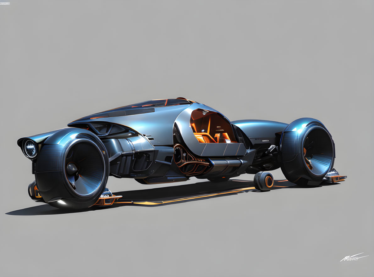 Sleek Blue Futuristic Car with Enclosed Wheels and Orange Cockpit