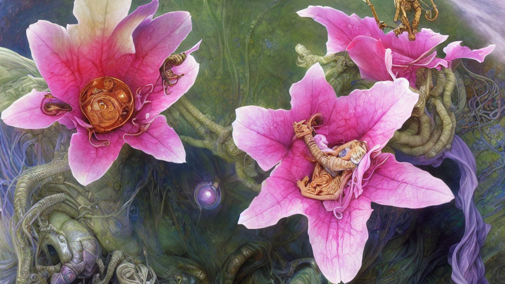 Vibrant pink flowers, snails, and small character in mystical green backdrop