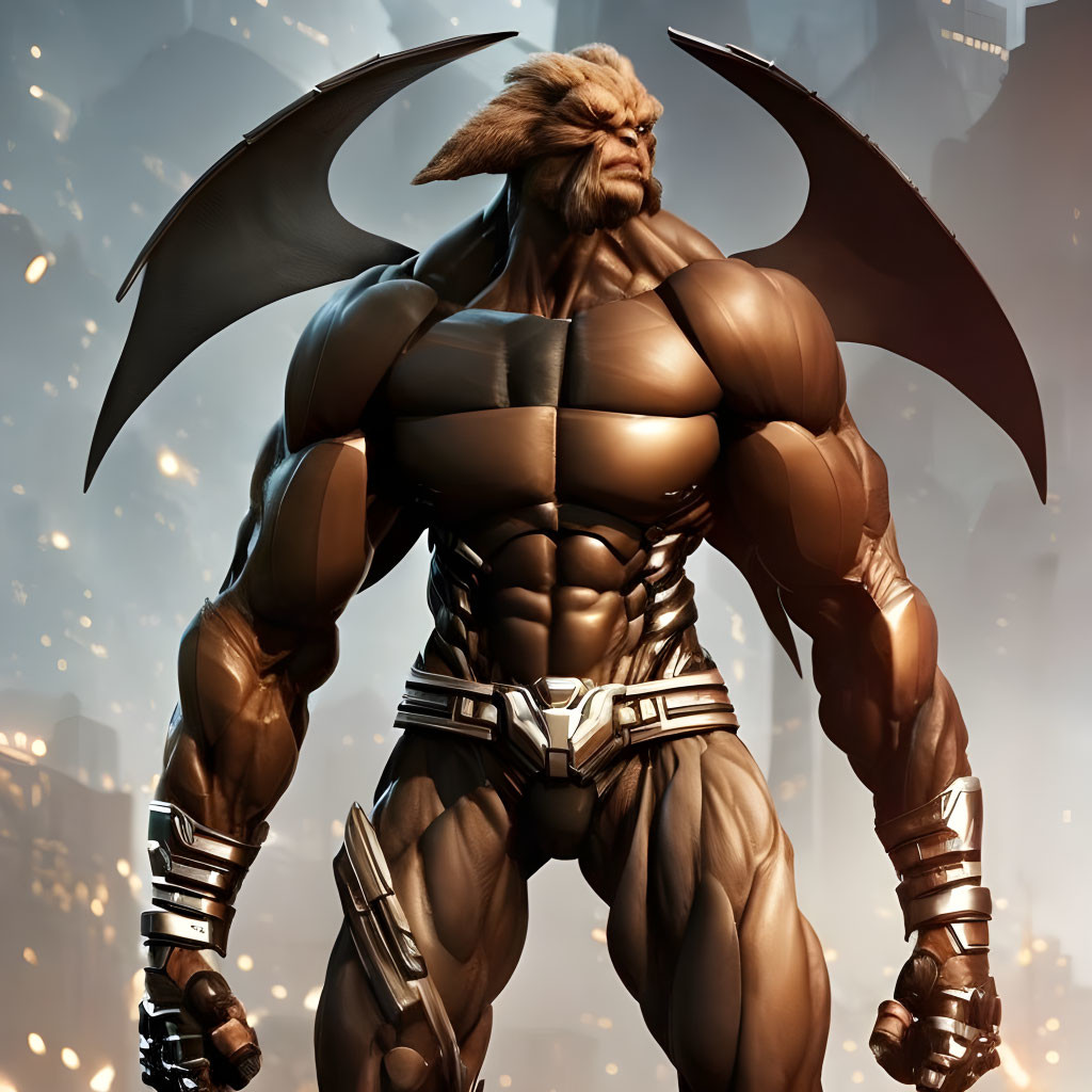 Muscular anthropomorphic creature with bat-like wings in urban setting.