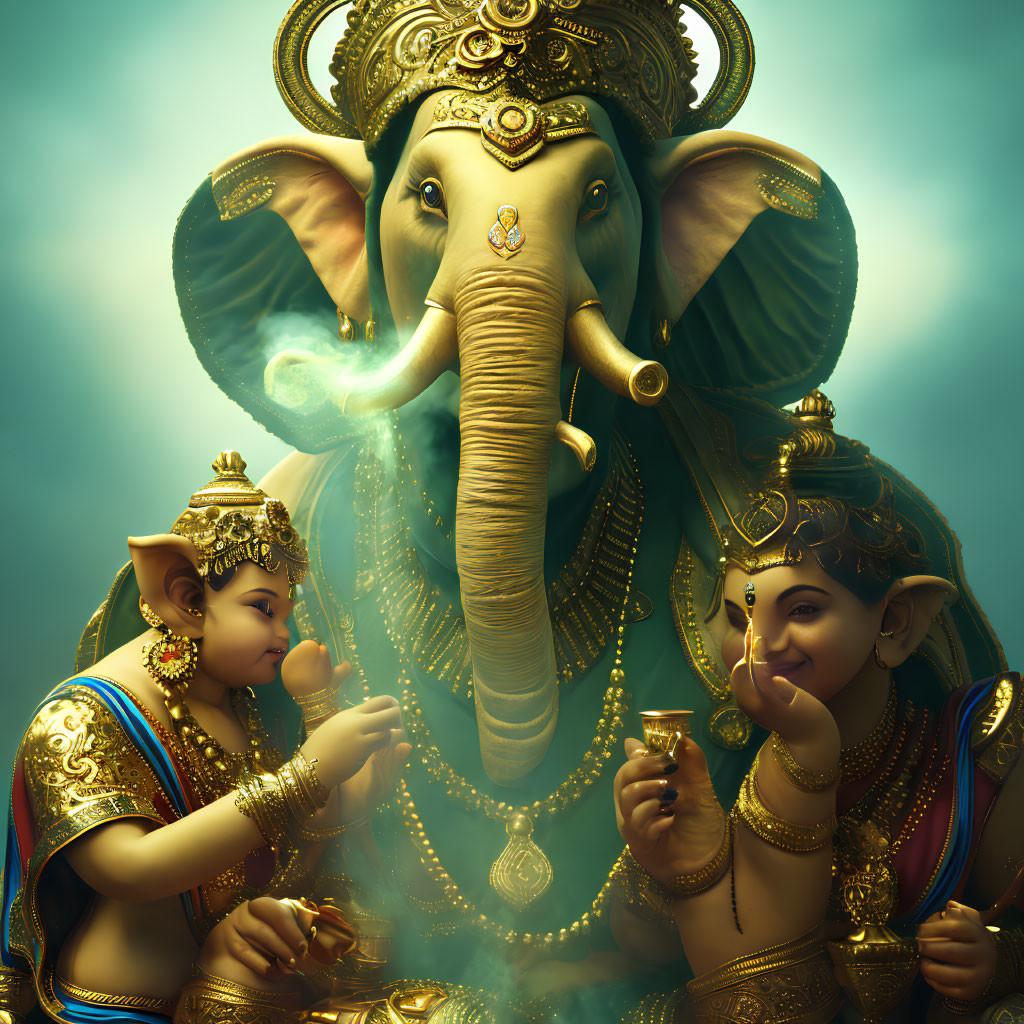 Lord Ganesha with Two Figures, Ornate Headgear, and Jewelry on Blue Background