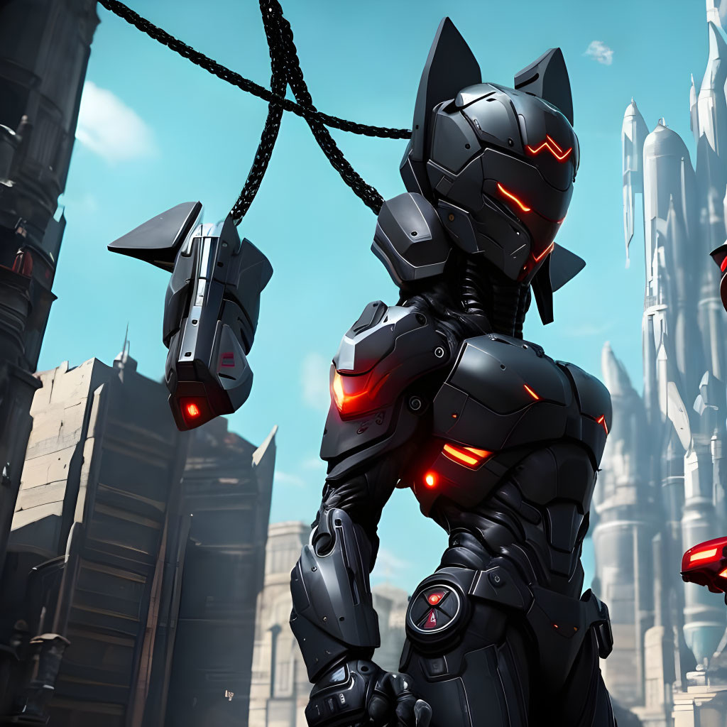 Futuristic robot in black armor with red accents in cityscape