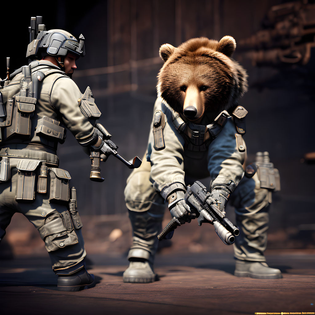 Bear and human soldiers in military gear with guns in dimly lit setting