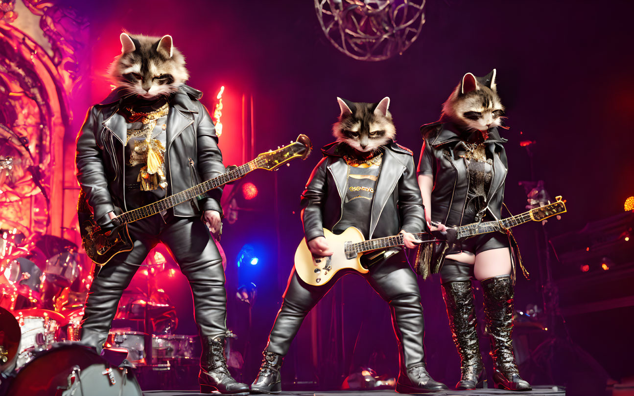 Anthropomorphic raccoons in rock band setup with guitars on stage