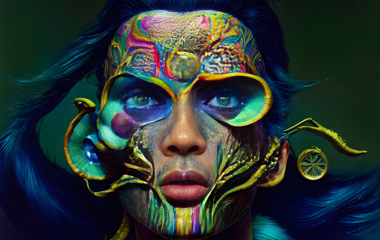 Colorful surreal portrait with textured mask overlay and tentacle-like embellishments