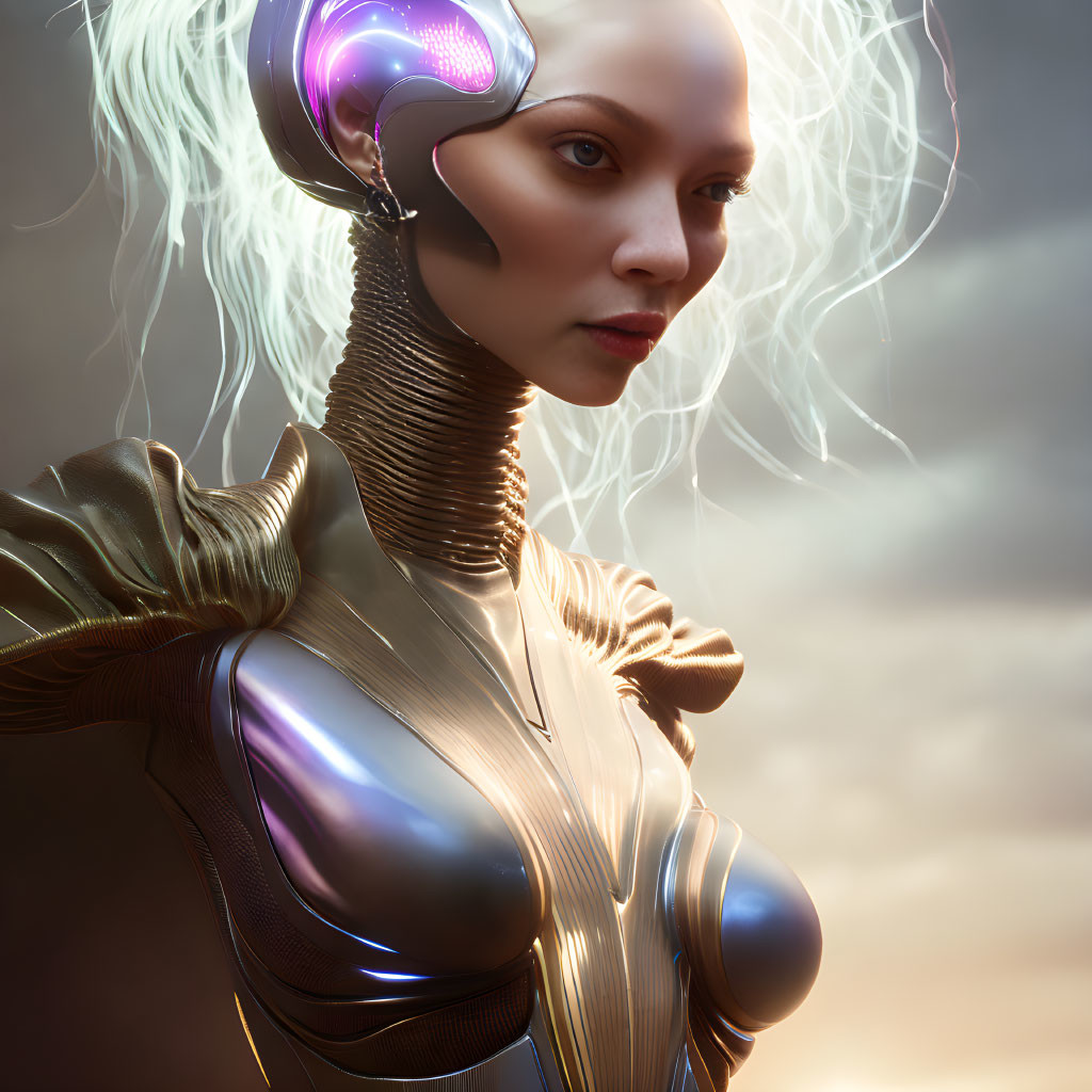 Futuristic female android with glowing white hair and metallic gold suit in cloudy sky setting