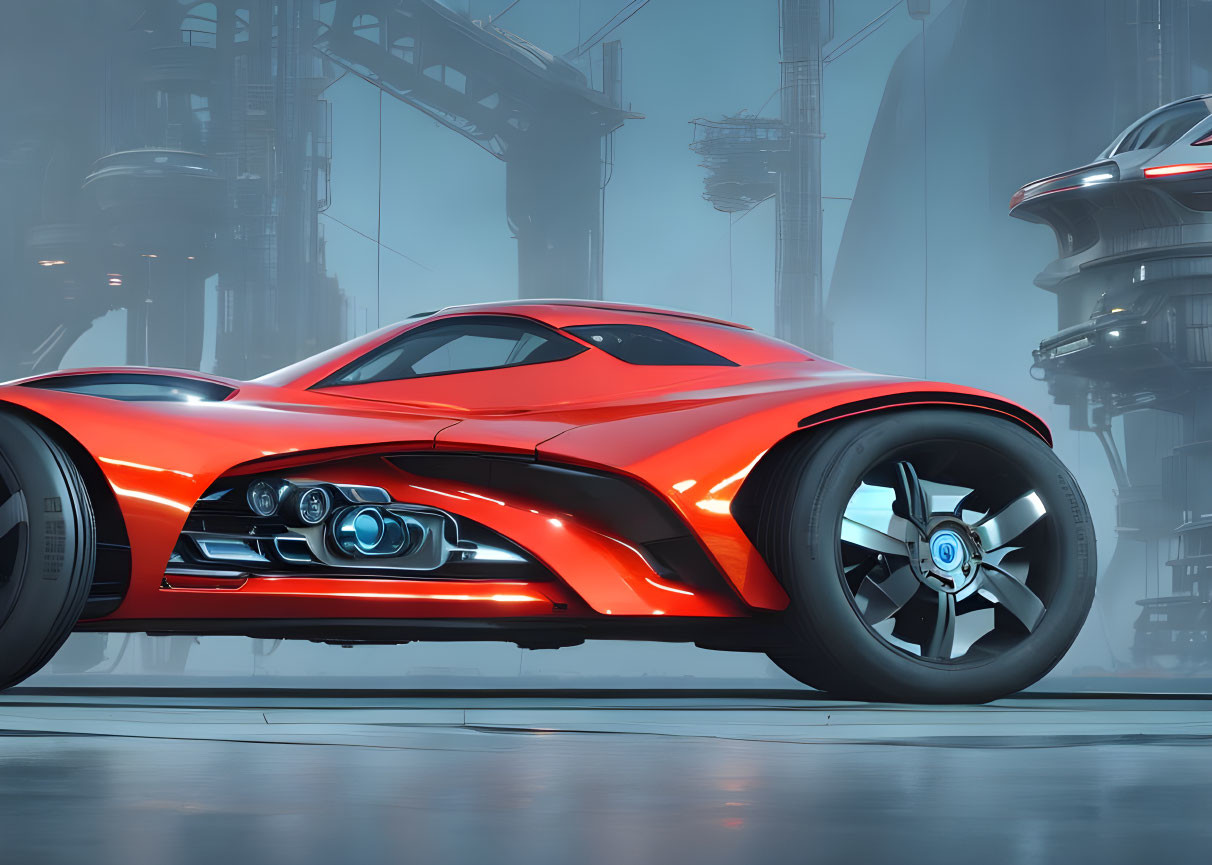 Futuristic red sports car in high-tech urban setting