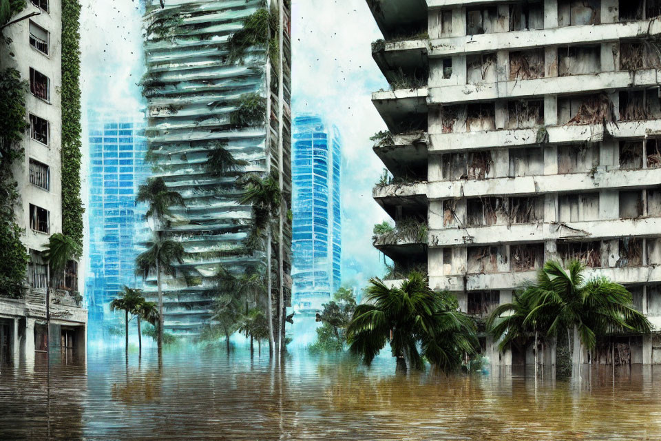 Flooded dystopian cityscape with overgrown buildings