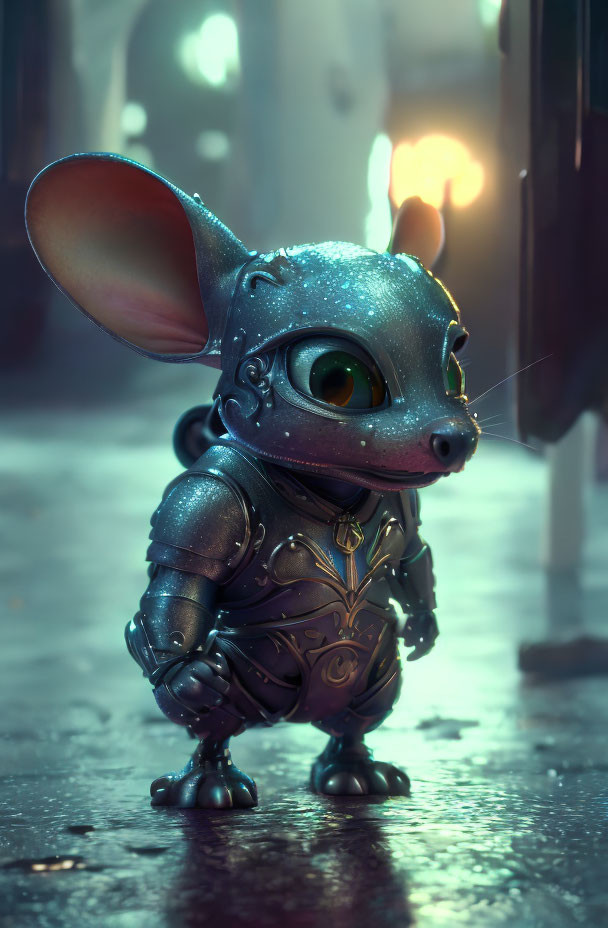 Armored creature with large ears and eyes on wet urban street