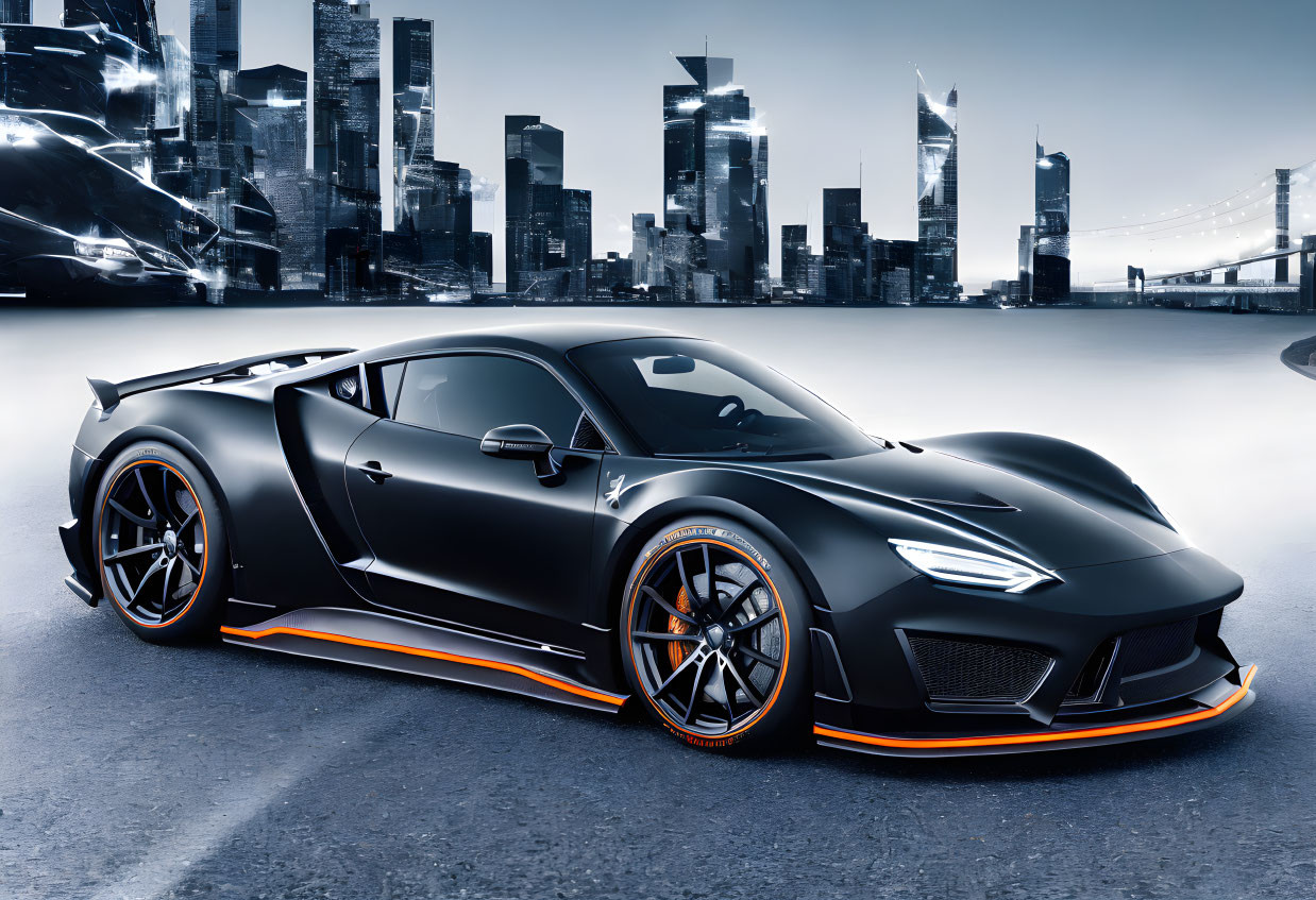 Sleek black sports car with orange trim against futuristic city skyline in blue tones