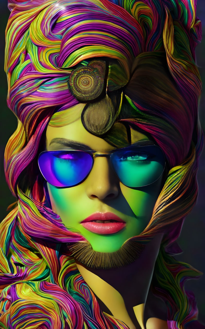 Vibrant portrait with swirling hair and green/blue sunglasses