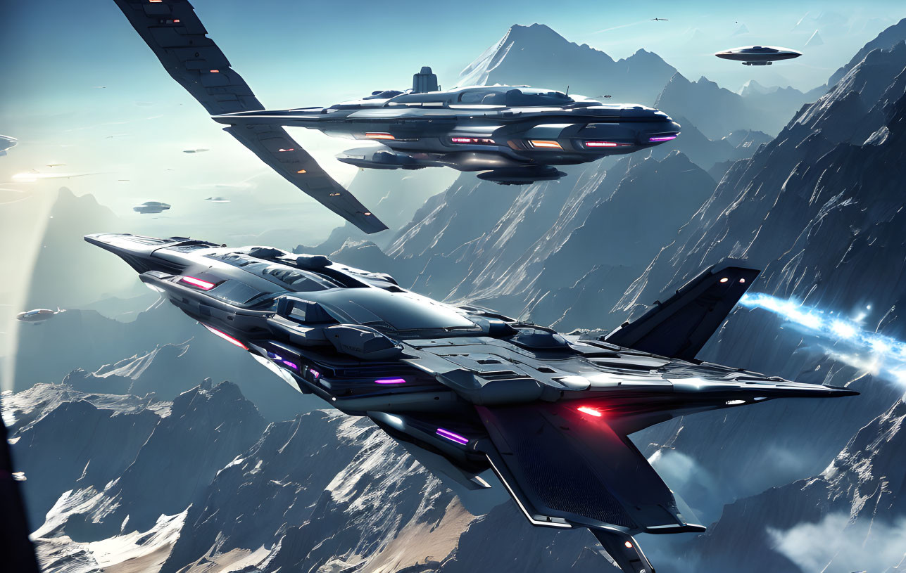 Futuristic spaceships over rugged mountain terrain