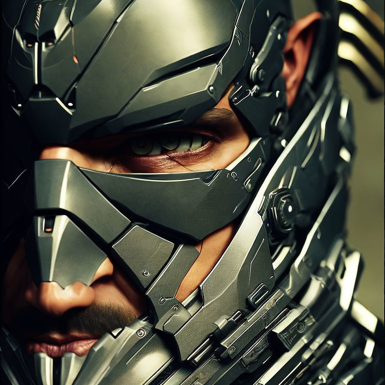 Detailed Close-Up of Person in Futuristic Armored Helmet