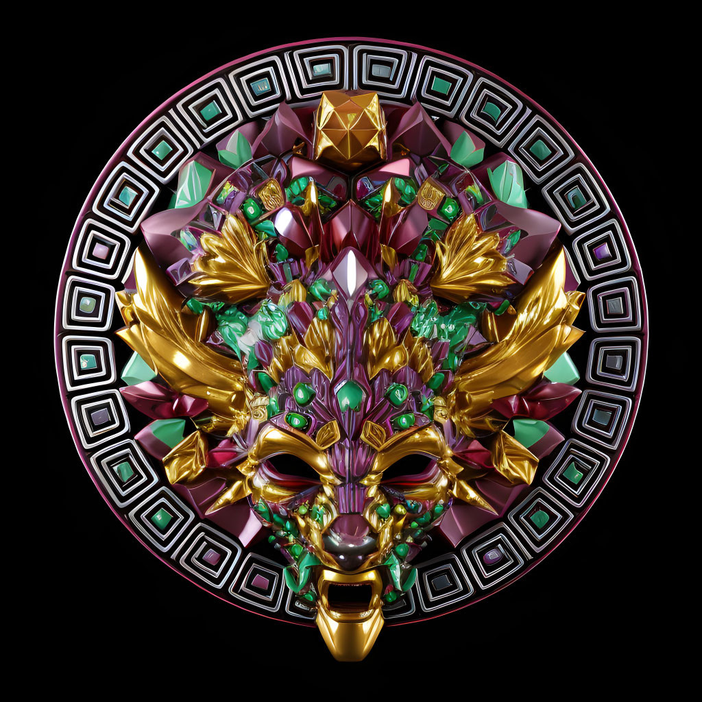 Golden Mask with Emerald Accents in Circular Geometric Pattern