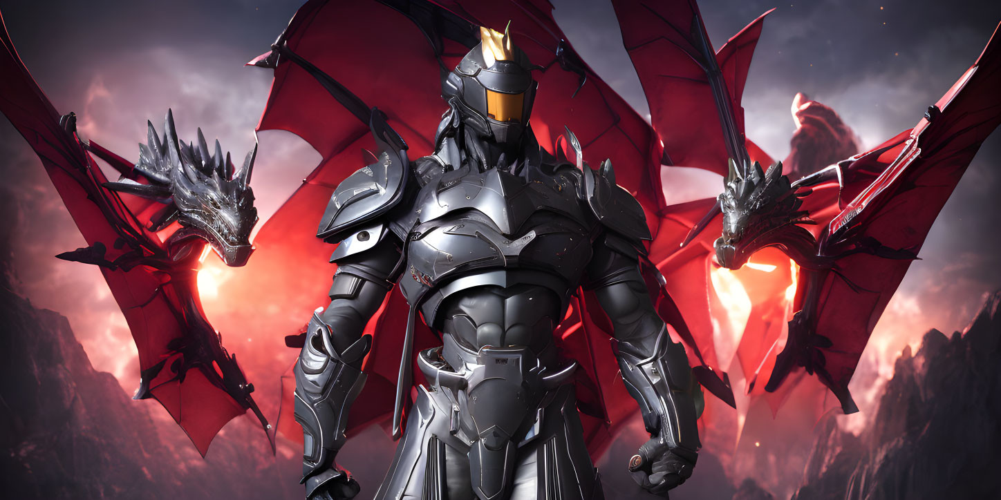 Silver-armored knight faces two red-winged dragons in a fantasy setting