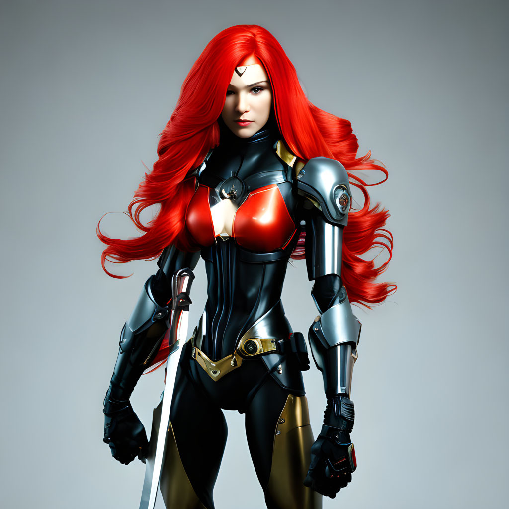 Female character in red hair and futuristic armor wields a sword confidently