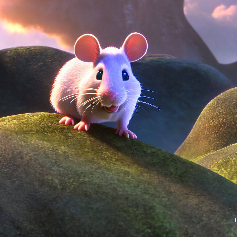 Animated mouse with pink ears on mossy rock at sunset