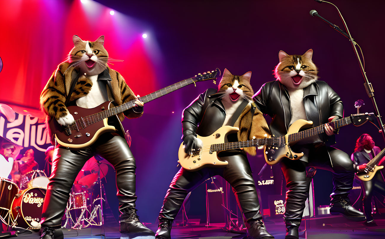 Anthropomorphic cats rock concert with guitars and drum set on vibrant stage