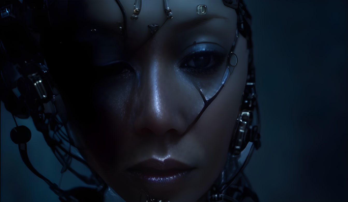 Female humanoid robot with cybernetic details and tear on cheek against dark background