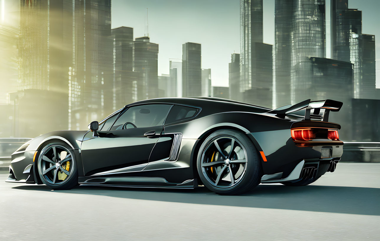 Black Sports Car with Rear Wing Spoiler Parked Against Modern Skyscrapers