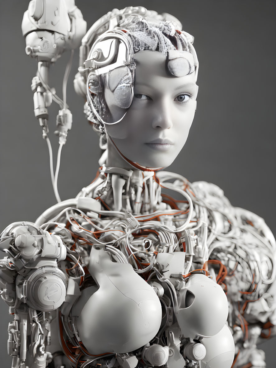 Detailed humanoid robot with mechanical neck, torso, wiring, and lifelike female face