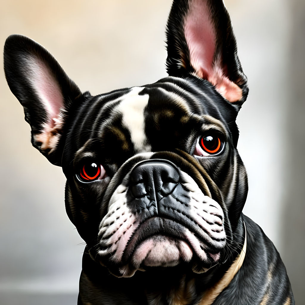 Brindle French Bulldog with Red Eyes and Pensive Expression