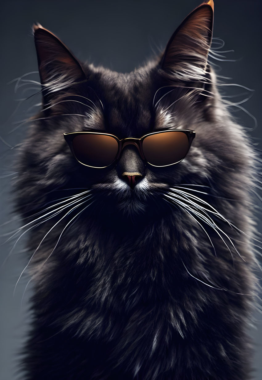 Dark Cat with Long Hair and Sunglasses Against Grey Background