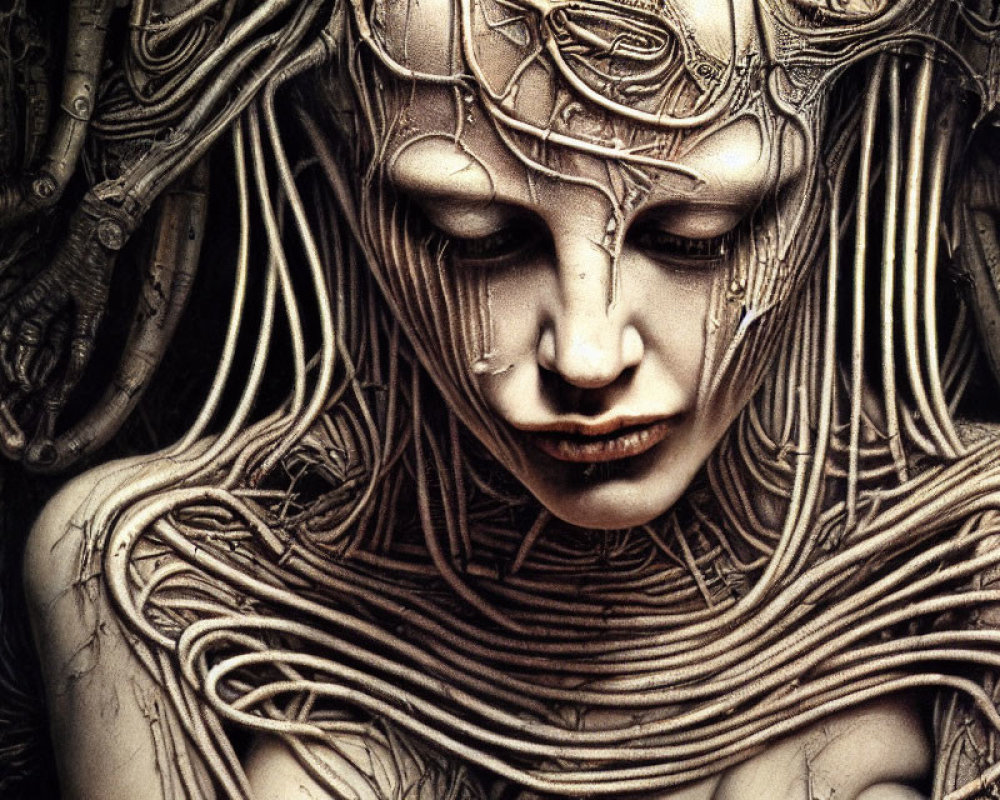 Detailed humanoid figure with intricate biomechanical features