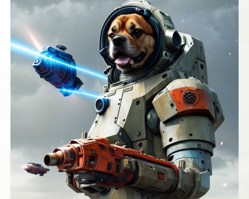 Beagle Dog in Astronaut Suit with Mechanical Enhancements and Futuristic Gun Under Cloudy Sky