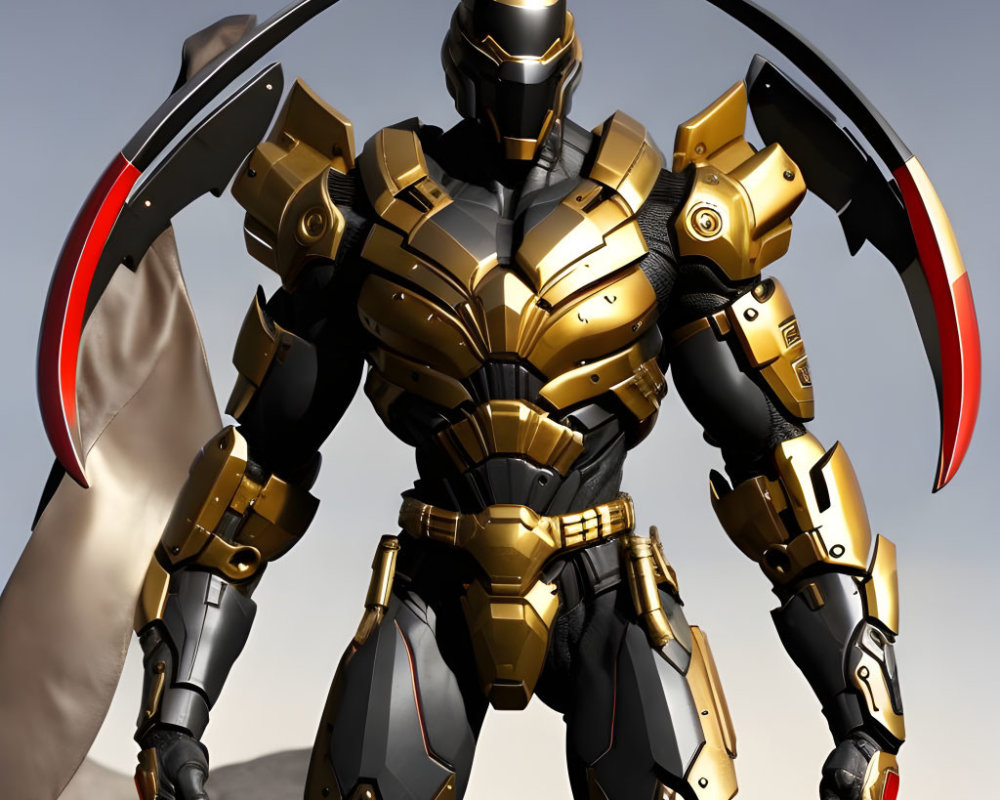 Detailed robot with black and gold exoskeleton, red blade accents, in barren landscape.