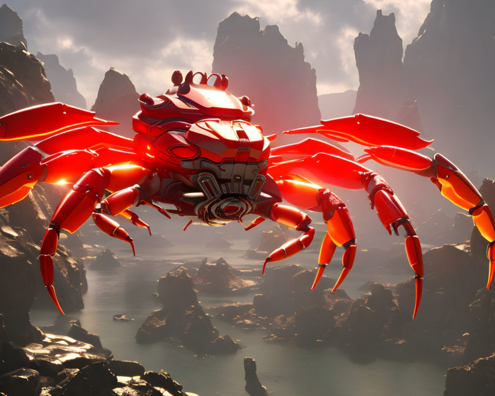 Red Robotic Crab Among Jagged Mountains in Glowing Sky