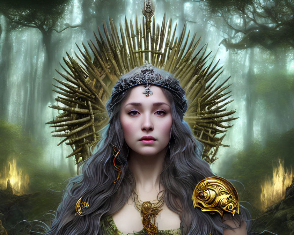 Mystical woman adorned with radiant crown in enchanted forest