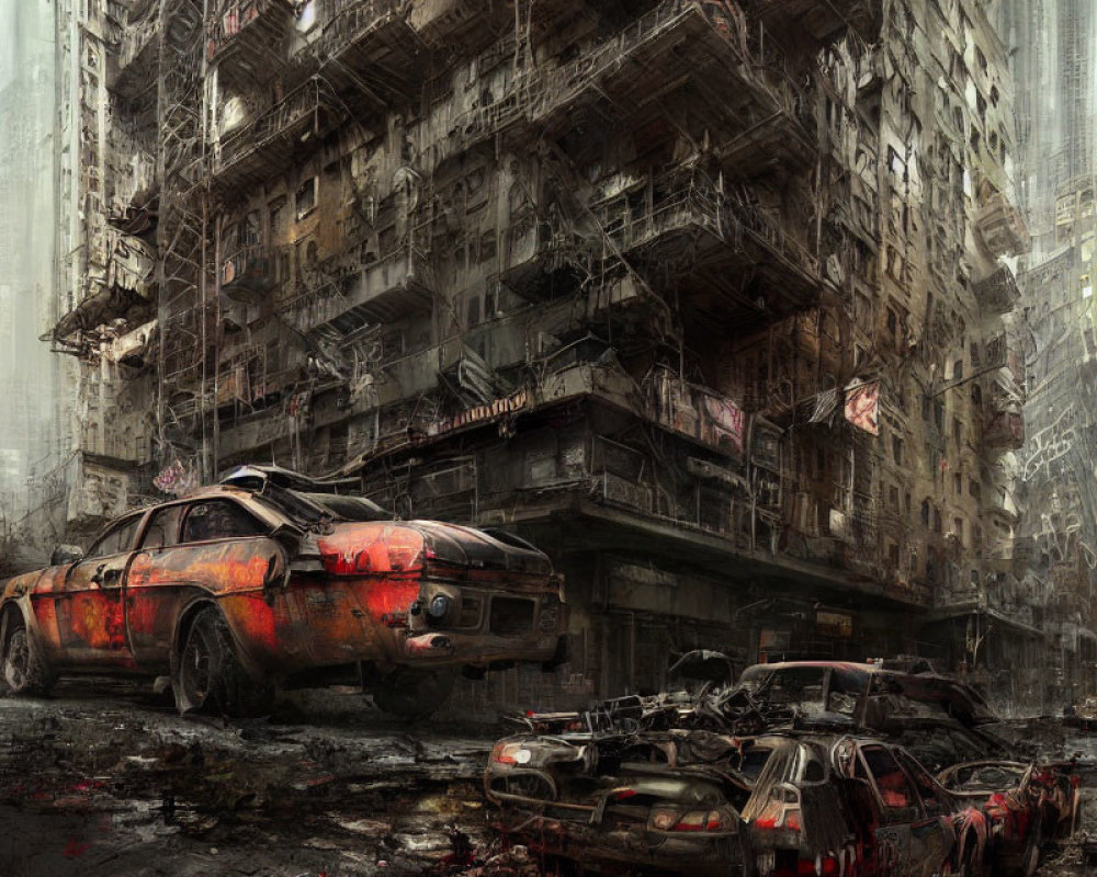 Decrepit urban landscape with dilapidated buildings and rusted police car under gloomy sky