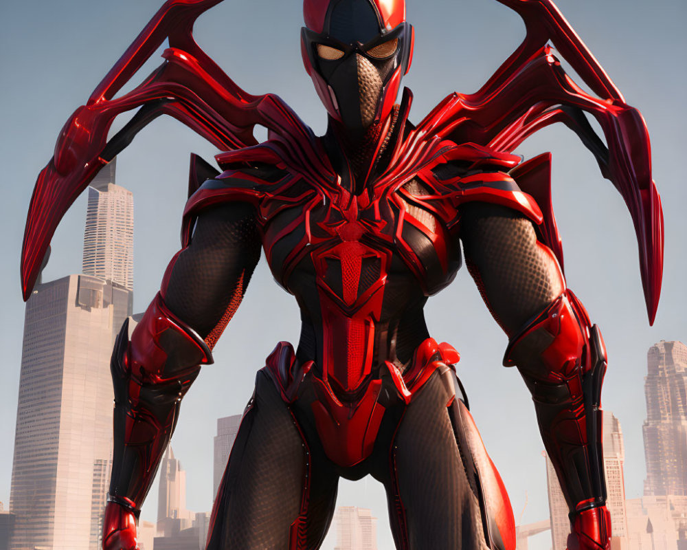 Red and Black Armored Character with Stylized Helmet and Spider Emblem in Cityscape Background