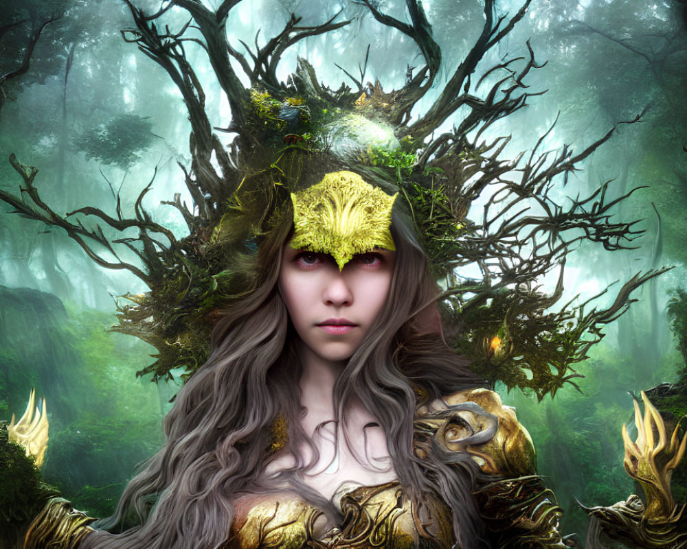 Fantastical forest scene with female figure in gold armor and tree branch antlers