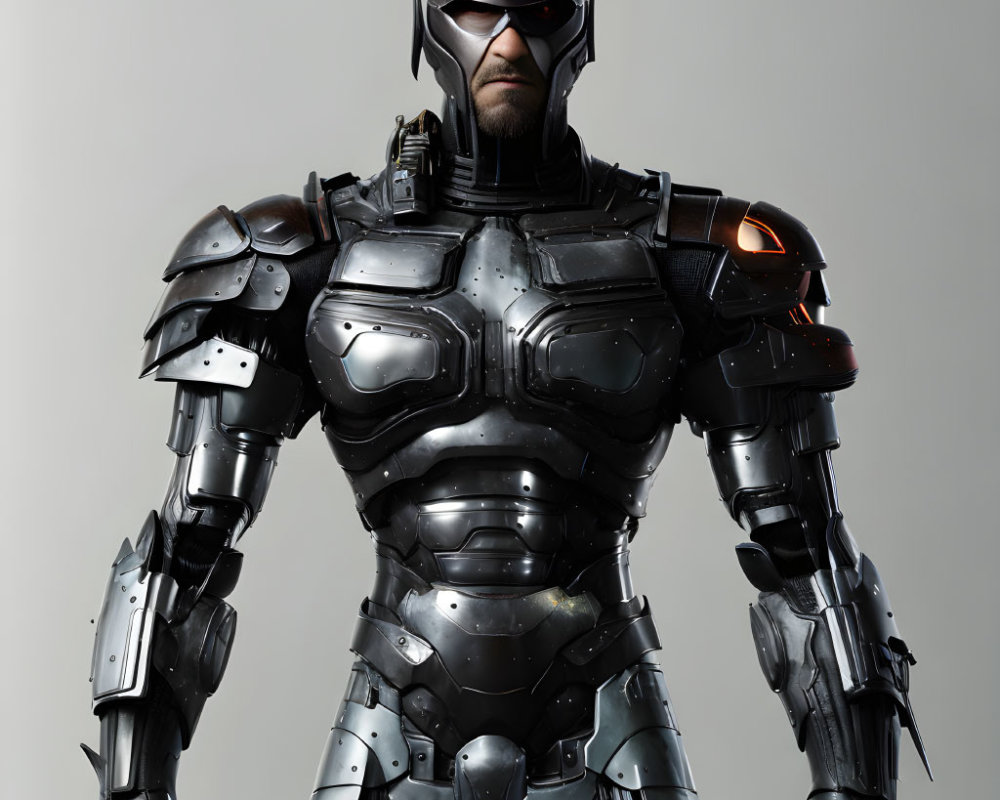 Futuristic armored suit with helmet and visor on grey background