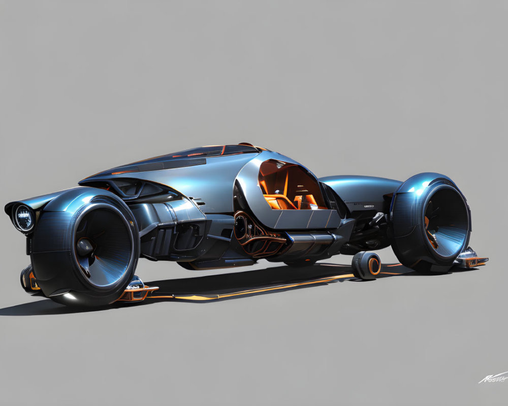 Sleek Blue Futuristic Car with Enclosed Wheels and Orange Cockpit