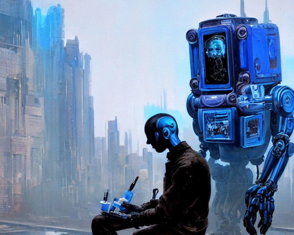 Blue Futuristic Robot with Human Face Screens and Seated Figure in Blue Head, Cityscape Background