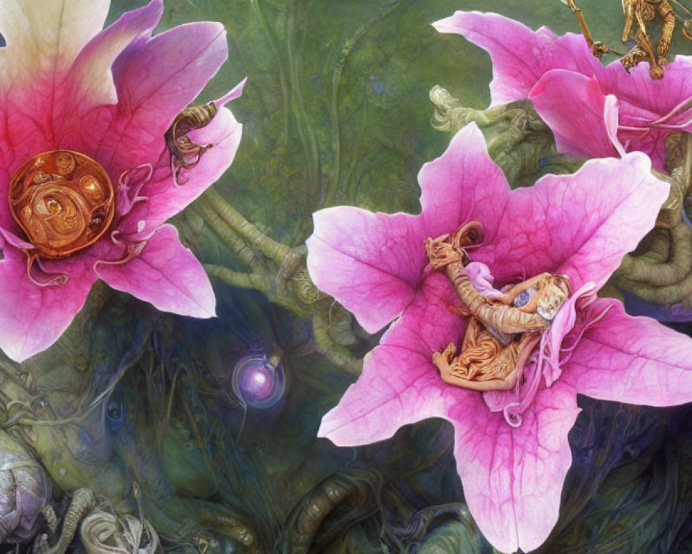 Vibrant pink flowers, snails, and small character in mystical green backdrop