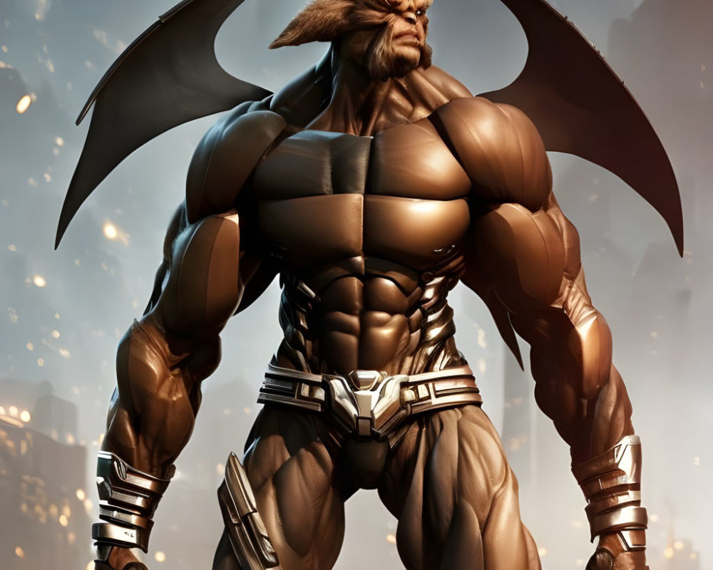 Muscular anthropomorphic creature with bat-like wings in urban setting.