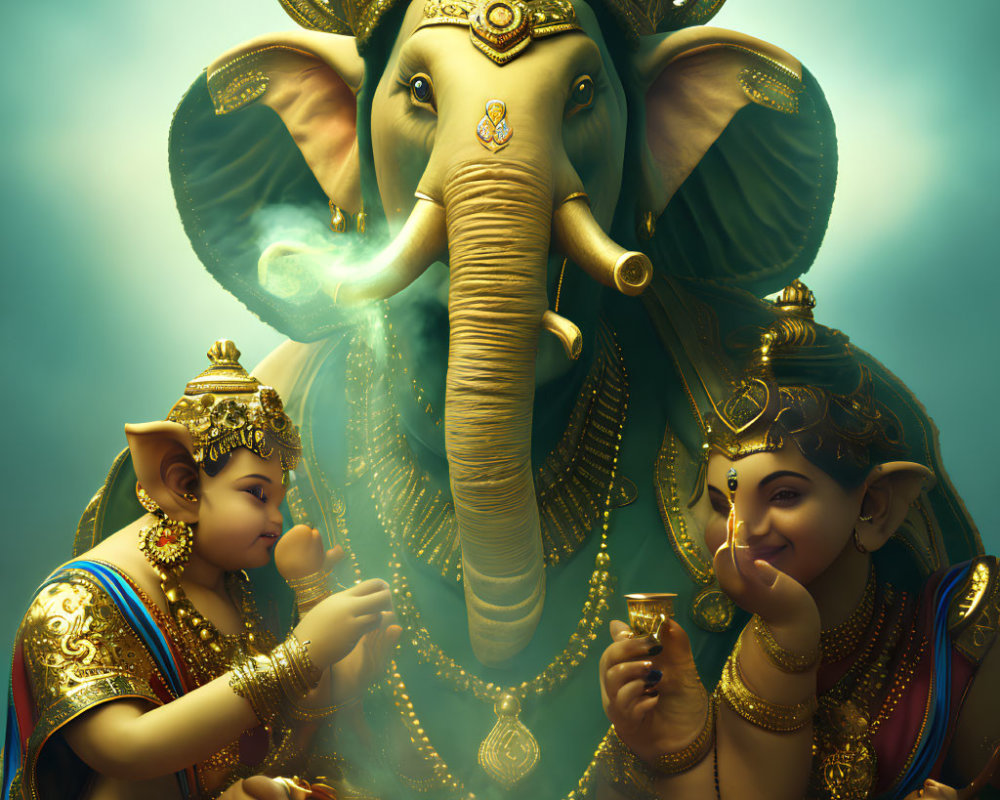 Lord Ganesha with Two Figures, Ornate Headgear, and Jewelry on Blue Background