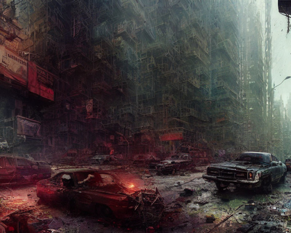 Dystopian cityscape with abandoned vehicles and crumbling buildings