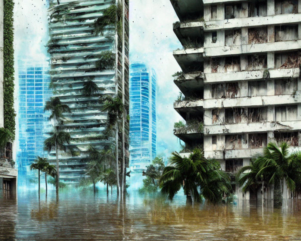 Flooded dystopian cityscape with overgrown buildings